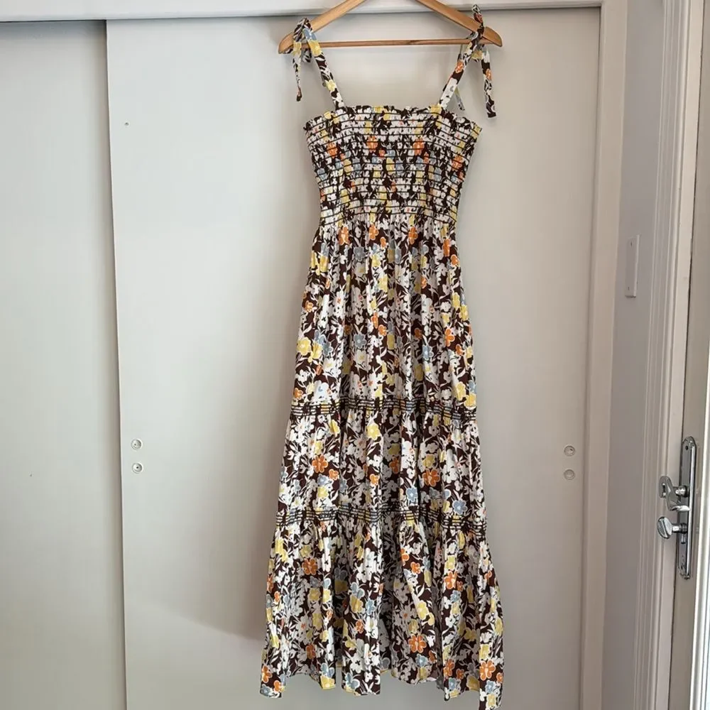 Tory Burch Reverie Smocked Shoulder Tie Brown Floral Print Summer Maxi Dress L